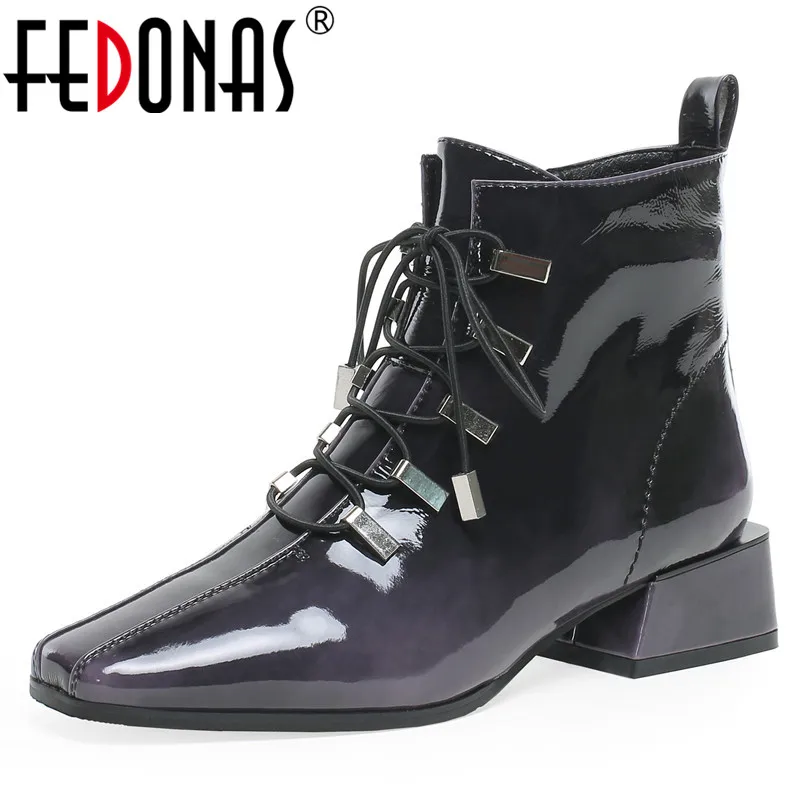 

FEDONAS Warm Winter Women Ankle Boots Cross-tied Basic Short Boots Square Toe Cow Pantent Leather Party Night Club Shoes Woman