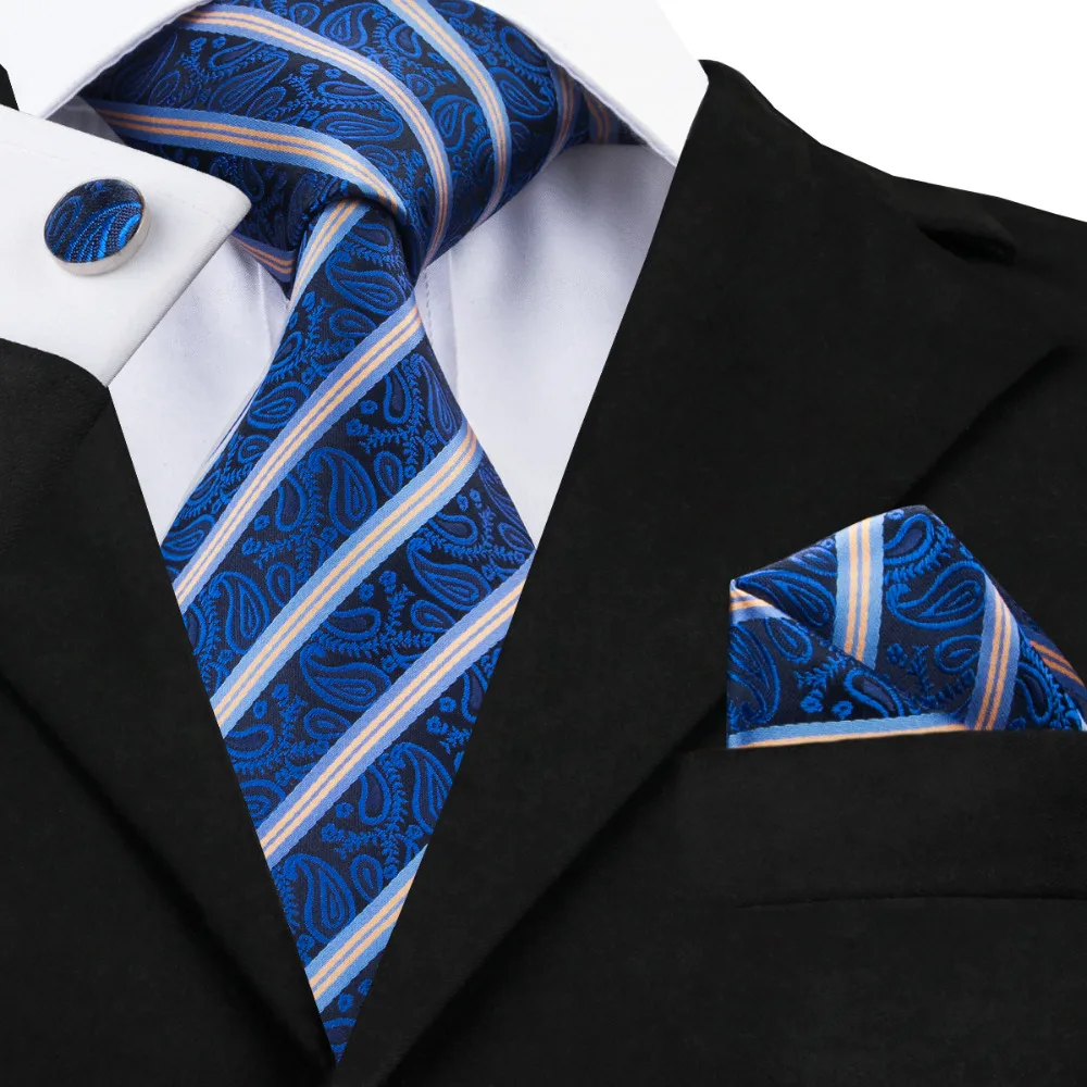 SN 1414 Purplish Blue Mens Ties Handkerchief Cufflinks Paisley Striped