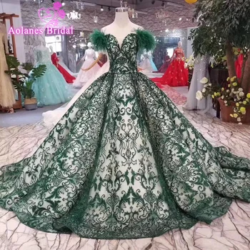 شراءالفاخرة الكرة ثوب فساتين لحضور الحفلات الموسيقية 2019 شير الرباط أكمام الأخضر حفلة موسيقية اللباس السعودية الريش مساء اللباس Vestido لونغو