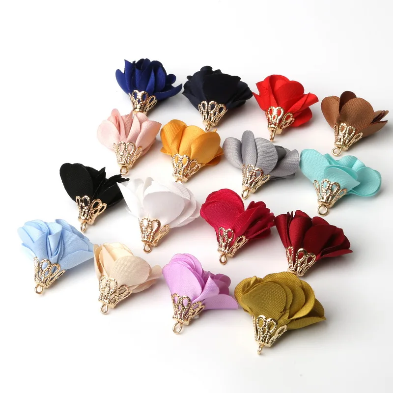 

17 Colors Fashion Cloth Art Flower Tassel Pendant Buckle Receptacle Gold Color Bell For Earring DIY Jewelry Findings Making