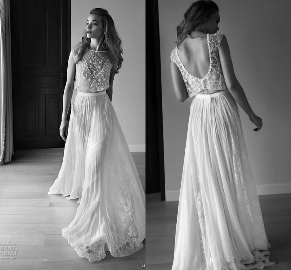 

2019 Wedding Dresses Two Piece Sweetheart Sleeveless Low Back Pearls Beading Sequins Lace Chiffon Beach Bohemian Wedding dress