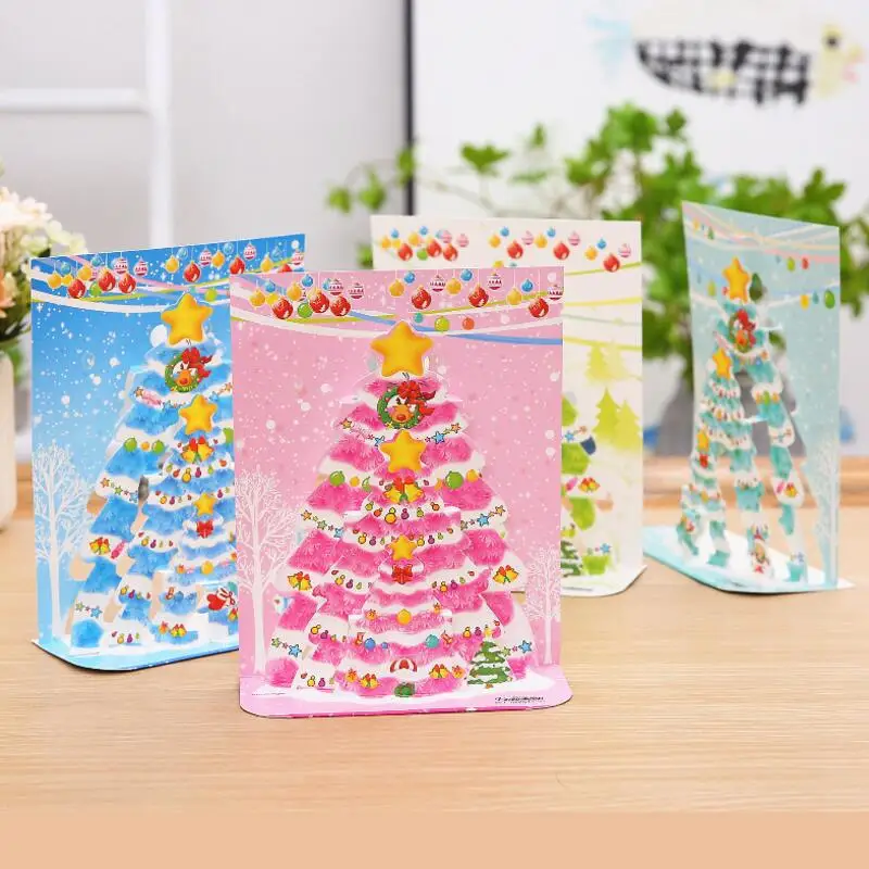 

12pcs/lot Creative Three-dimensional Folding Christmas Tree Shape Paper Card with Envelope Christmas Child Blessing Card