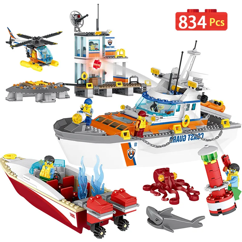 

834pcs Police Coast Building Blocks Compatible Legoingly City Police Station Helicopter Bricks Set Guard Head Quarters Toys For