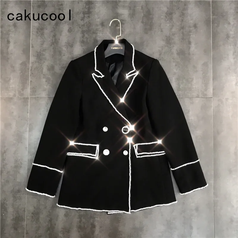 

Cakucool Women Chic Jacket Sequin Diamonds Black Formal Jackets Turn-down Collar Pockets Notched Blazer Coat Outerwear Female