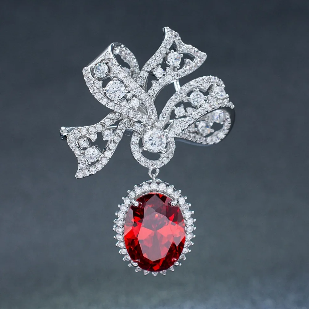 

5A Cubic Zirconia Red Bowknot Dangle Brooch Broach Pin High Quality Women Jewelry Dress Accessories B0074RED