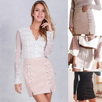 

Hirigin Women Casaul Solid High Waist Lace Up Suede Leather Pocket Short Mini Split Skirts Holiday