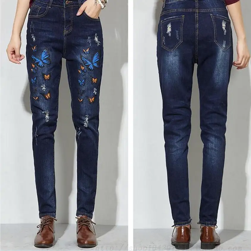 College style 2017 autumn cotton colorful butterfly printed denim pants female tide hole worn loose pencil