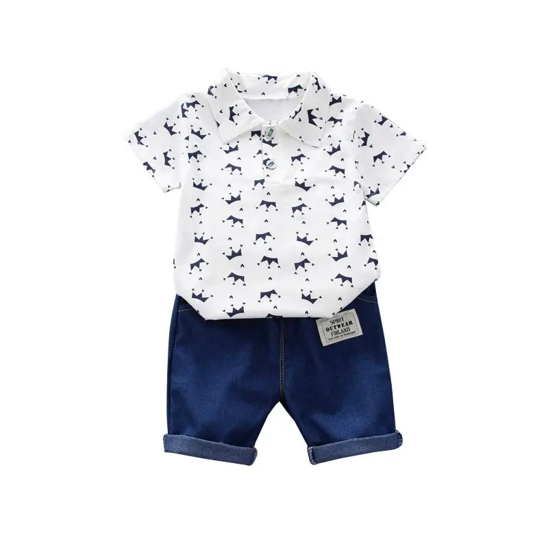Летний комплект одежды для маленьких мальчиков; рубашка с короткими рукавами и цветочным принтом; блузка; джинсовые шорты; повседневная одежда; детская одежда - Цвет: Белый