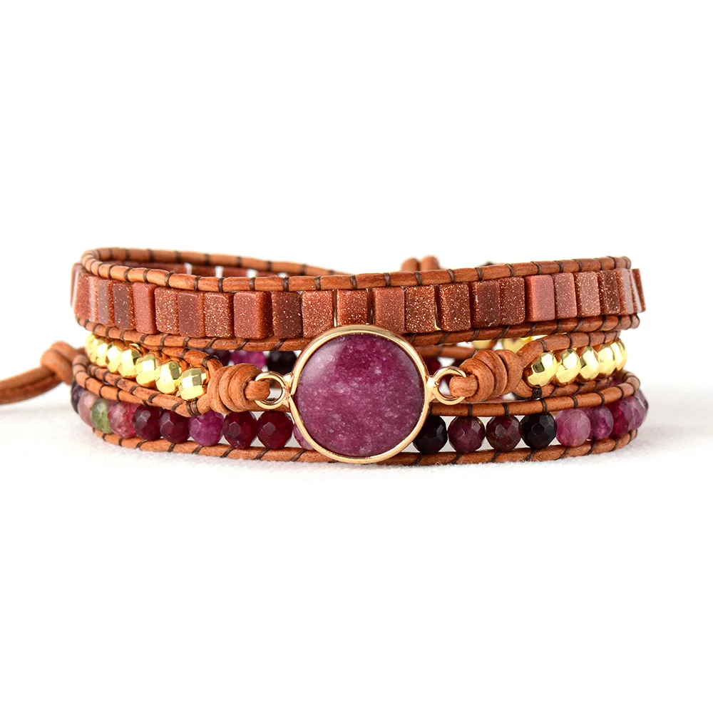 

Women Bangles Bracelets Semi Precious Stone Gold Color Beads 3 Strands Leather Wrap Bracelet Femme Gifts Dropship