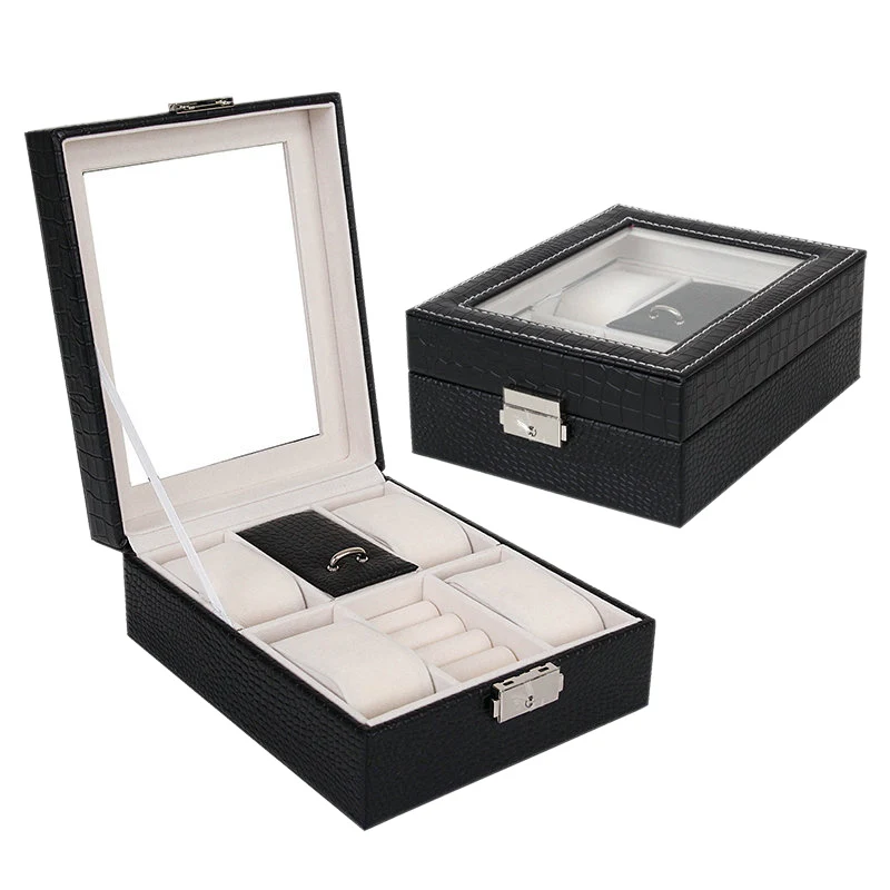 Часы коробка для хранения ювелирных изделий Органайзер чехол Кольцо Серьги Ожерелье Кожа - Цвет: Black