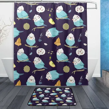 

Cartoon Parrot on Tree Branch Waterproof Polyester Fabric Shower Curtain with Hooks Doormat Bath Floor Mat Bathroom