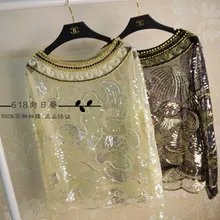 Blusa Ограниченная топы единорога тяжелая промышленность вышивка бисером перспектива сексуальная пряжа блёстки голова воротник рубашка