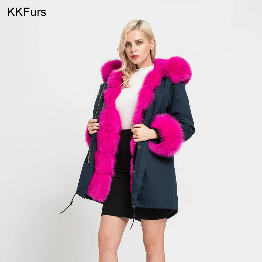 JKKFURS модное стильное пальто с капюшоном и воротником из натурального Лисьего меха парка с подкладкой из кролика Рекс женская зимняя куртка теплое пальто S7113