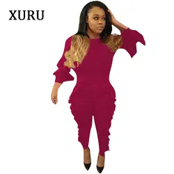 XURU новый для женщин комбинезоны для оборками с длинным рукавом Тощий Bodycon комбинезон женщина комплект из 2 частей модные повседн