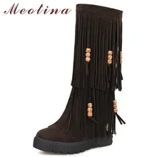 Meotina Winter Knee High Boots Women Fringe Height Increasing Long Boots String Bead Round Toe Shoes Lady Autumn Big Size 34-43 hot selling black leather height increasing woman boots round toe knee high boots 2017 winter gold chains wedge boots