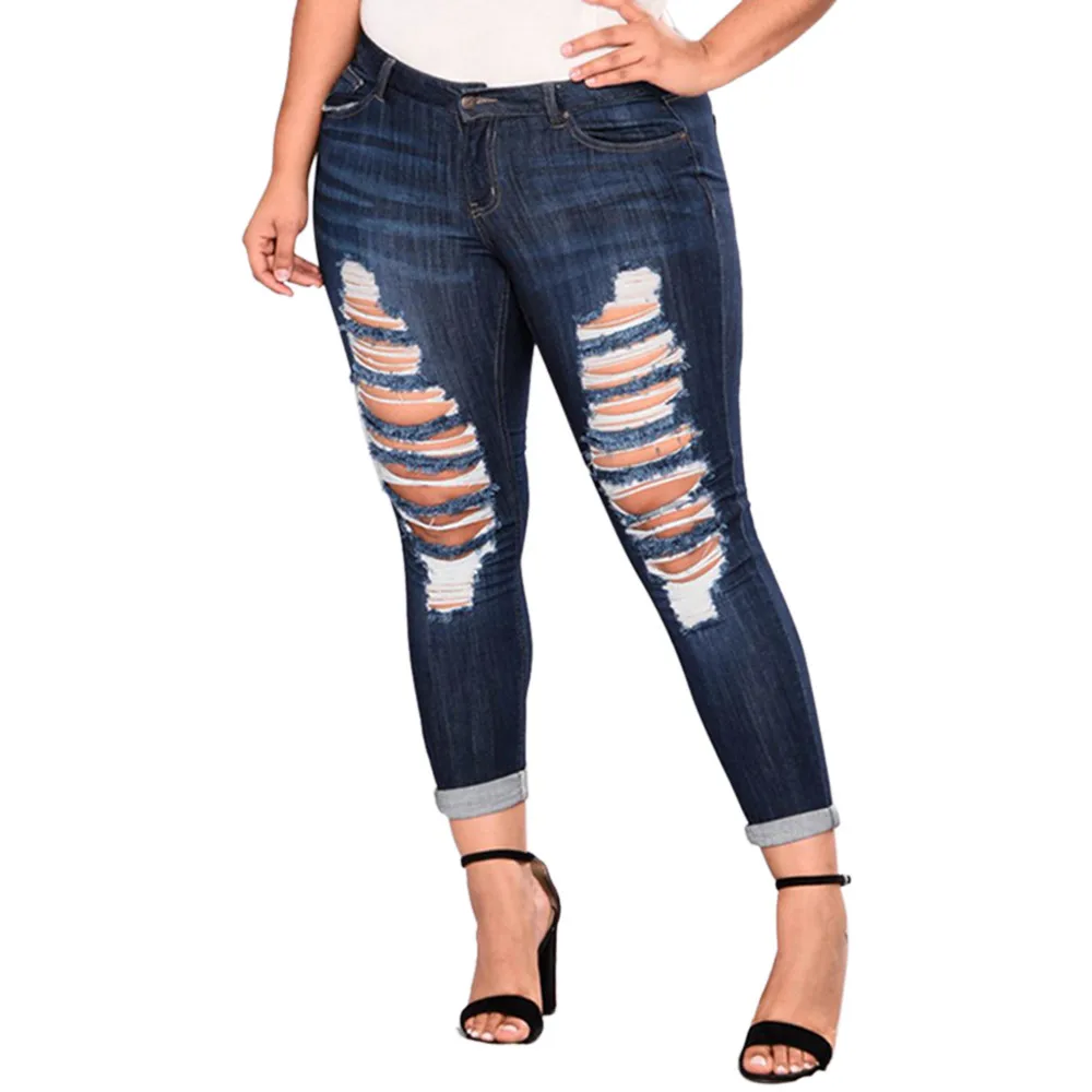 Для женщин Повседневное плюс размеры карманы длинные джинсы джинсовые рваные брюки для девочек штаны для ежедневной носки fesses push up femme #20190124