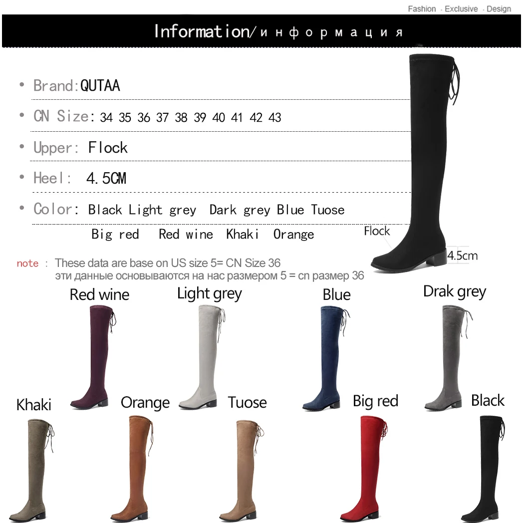 QUTAA Women Winter Boots Fashion All Match Elastic Fabric Over The Knee High Shoes Square Mid Heel Women Boots Size 34-43