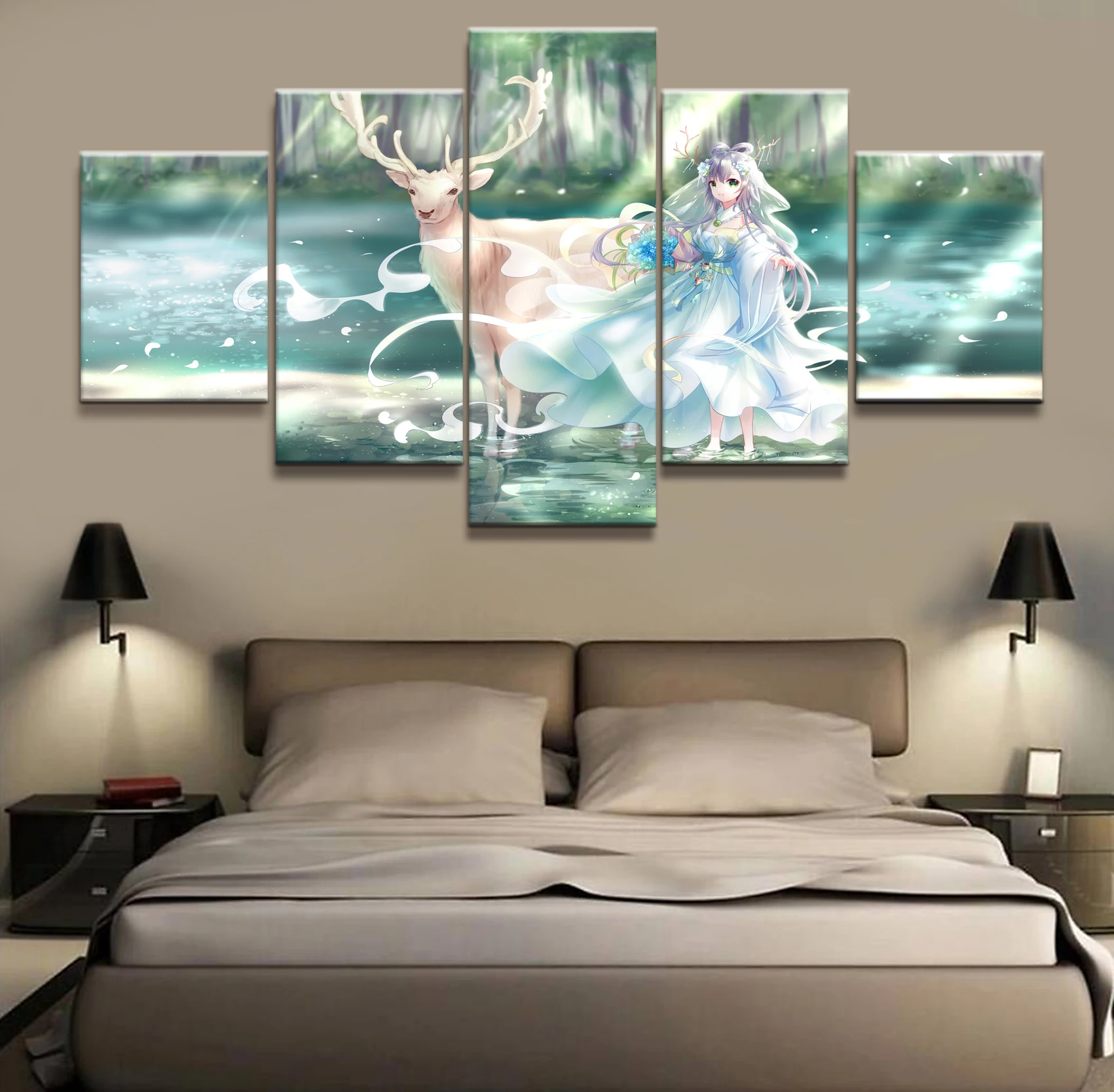 

Home Decor Canvas Picture 5 Piece Elk and Girl Animation Painting Poster Home Canvas Painting Wholesale