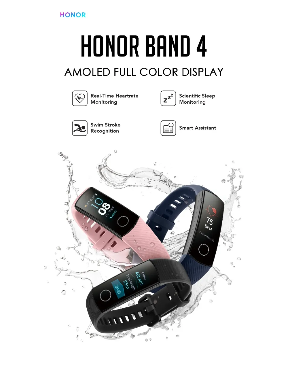 Смарт-браслет Honor Band 4, сенсорный экран 0,95 дюйма, фитнес-трекер, водонепроницаемый, для плавания, для обнаружения пульса и сна