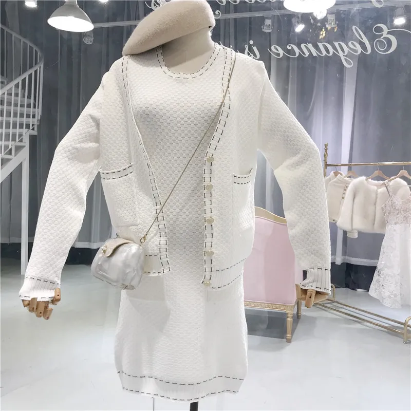 ALPHALMODA Autumn Winter Elegant Knitted Cardigans+ Short-sleeved Knit Dress Women OL Casual Suits