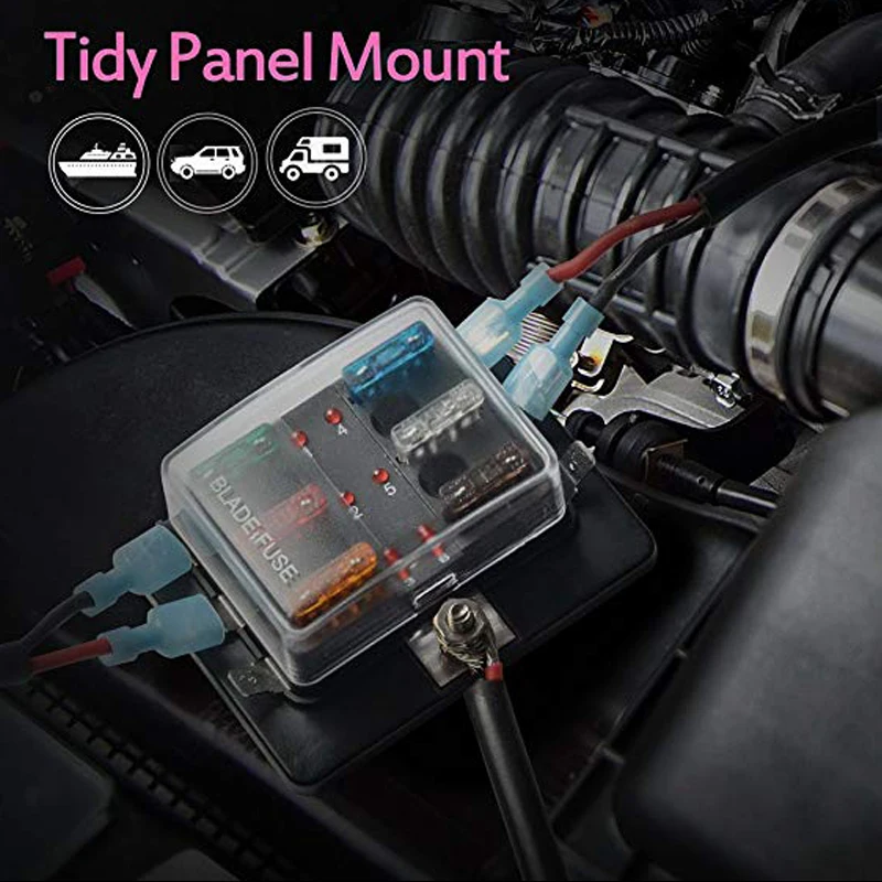 

6Way Blade Fuse Box LED Indicator for Blown Fuse Protection Cover 100 Amp Fuse Block for Automotive