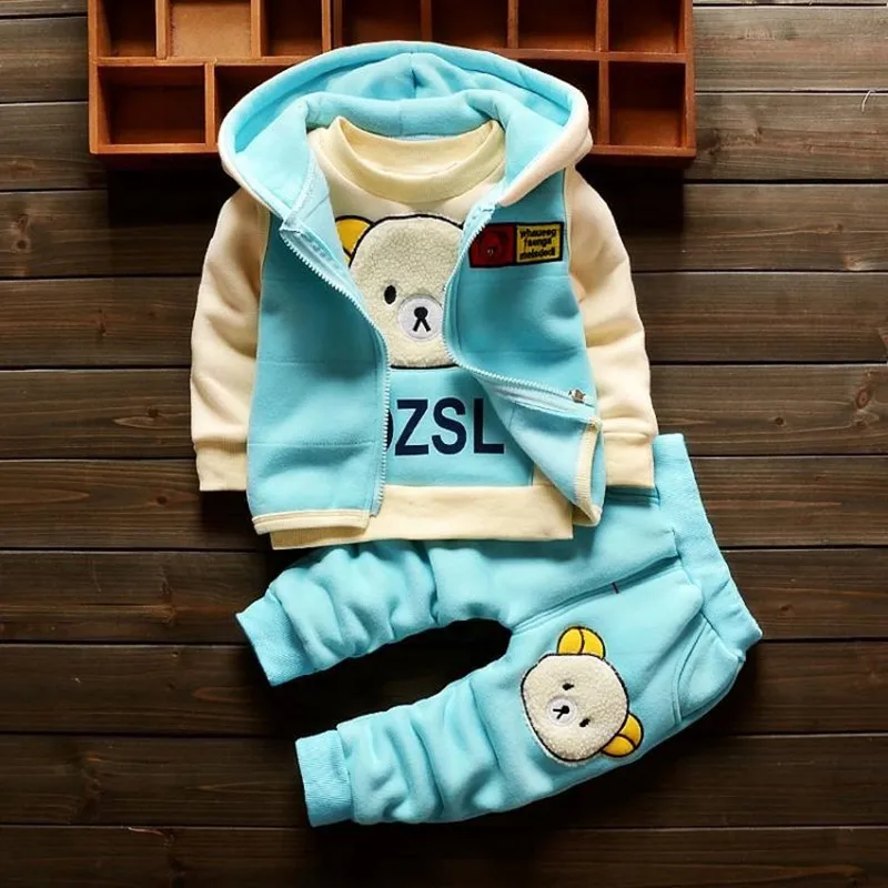 Комплекты одежды для маленьких девочек осенне-зимний хлопковый Повседневный плотный бархатный жилет для новорожденных+ толстовка с капюшоном+ штаны, спортивный костюм из 3 предметов для малышей