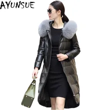 AYUNSUE 2918 Новая мода зима Geniune кожаная женская куртка с капюшоном 90% утиный пух лисы женское меховое пальто плюс размер 4XL LX938