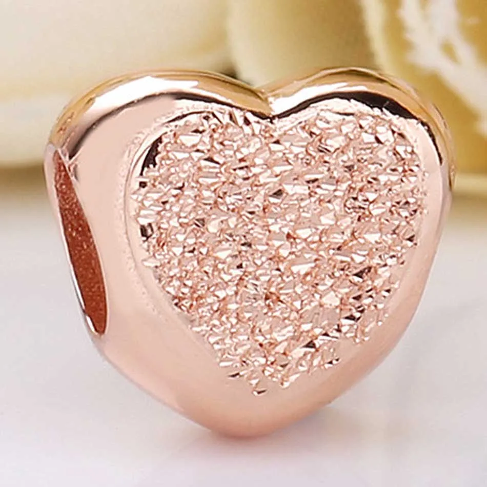 

New 925 Sterling Silver Bead Charm Rose Gold Matte Brilliance Love Heart Beads Fit Pandora Bracelet Bangle Diy Jewelry