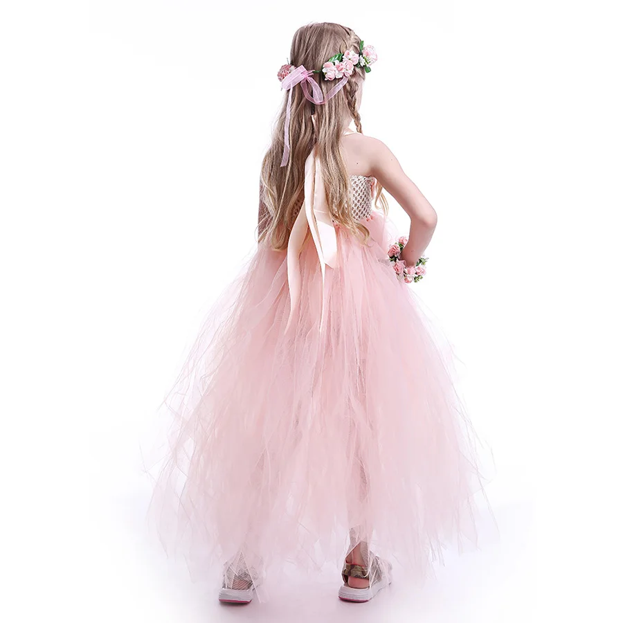 Girls Princess Peach Flowers Tutu Dress Children Summer Fancy Ankle Length (9)