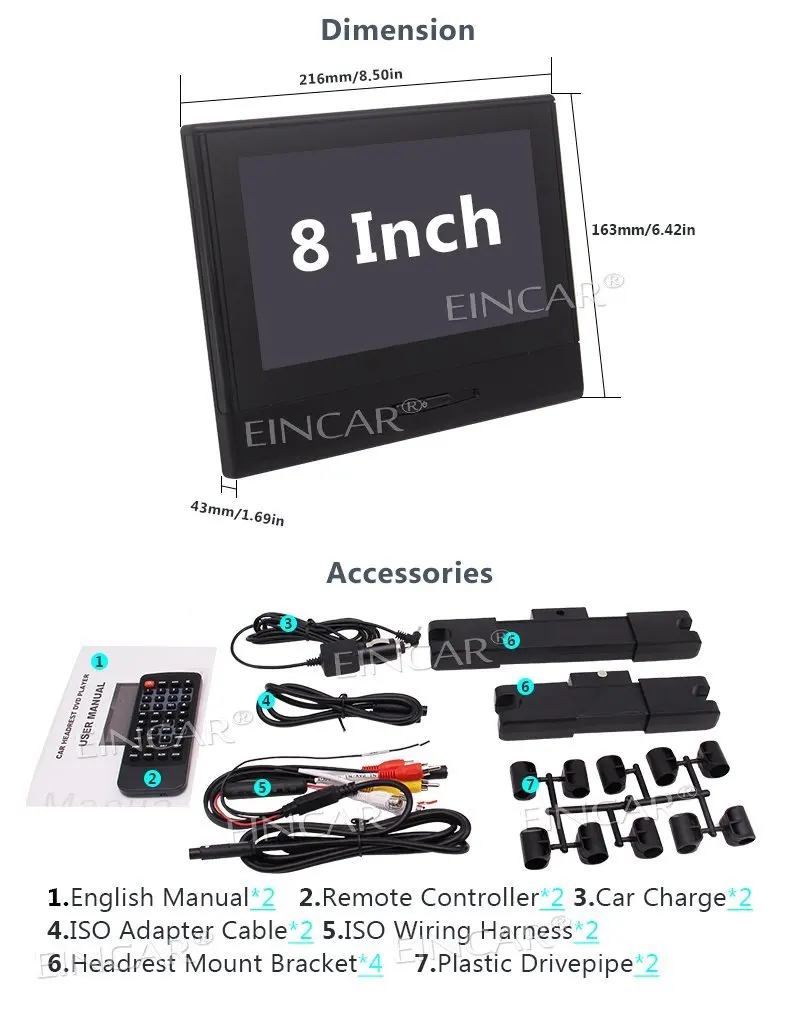 Best EinCar Twin Headrest DVD Player HD 1080P LCD Screen Car Backseat Monitor 8 Inch LCD Screen FM Support USB SD 5
