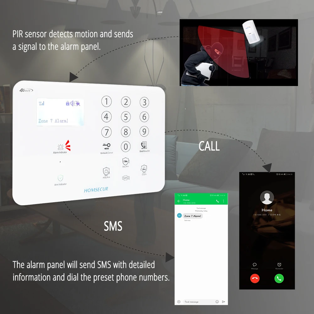 HOMSECUR inalámbrico y con cable 4G LCD sistema de alarma de seguridad para el hogar + IOS/Android APP GA01-4G-W