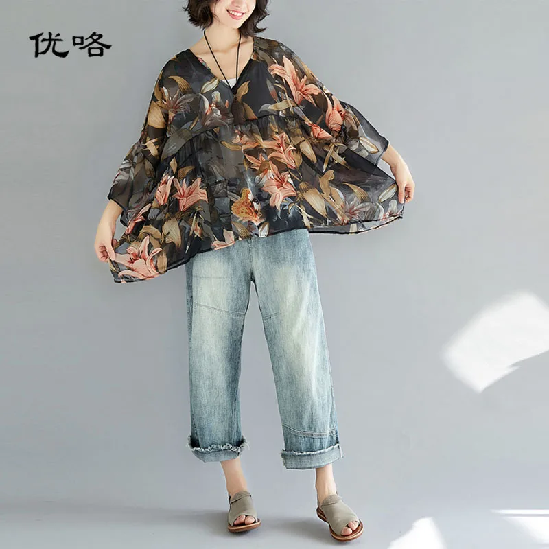 

Womens Oversize Blouses And Tops 2019 Summer Plus Size Chiffon Shirt Batwing Sleeve Floral Printed Big Size Blouses 4XL 5XL 6XL