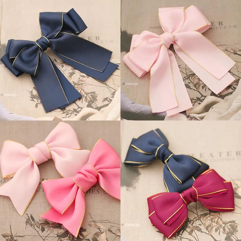 

High Quality Golden Edge Solid Color Ribbon Bow Hair Clip for Women Two Layers Ribbon Bow Barrettes