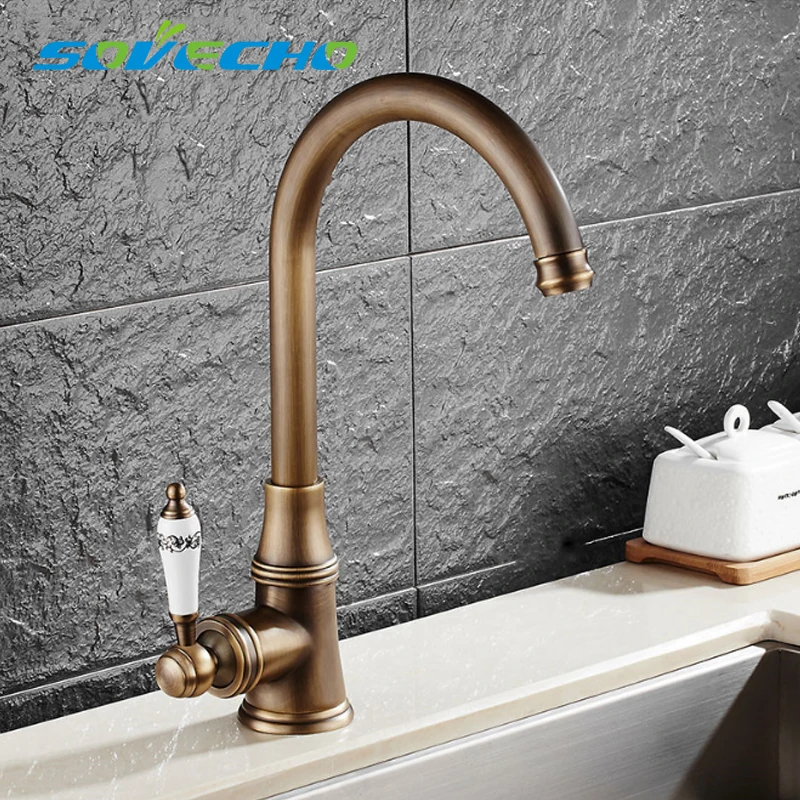 

Kitchen Faucet Gold Antique Brass Brushed 360 Degrees Rotation Cold And Hot Mixer Single Holder Single Hole Water Tap L0157