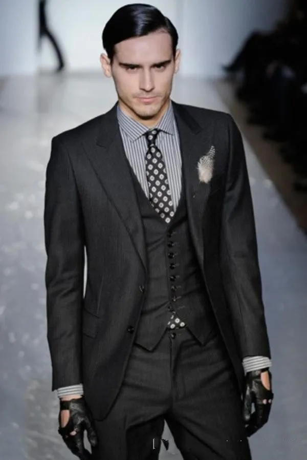 

Two Button Slim Fit Groom Tuxedos Charcoal Grey Peak Lapel Groomsman Men Dinner Wedding Suits Bridegroom(Jacket+Pants+Vest)