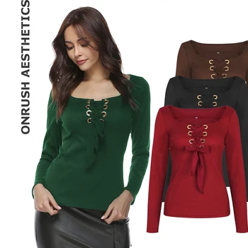 

OA 2018 Women's New Long Sleeve Round Collar Lace Up Knitted Tops Tee Fashion Casual Solid Color Slim Fit Pullover T Shirts