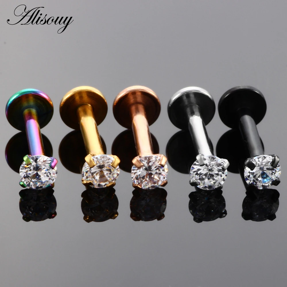 Alisouy 1PC Surgical Steel Assorted Colors Zircon Labret Stud Lip Piercing Ear Cartilage Tragus Helix Ring Charming Jewelry