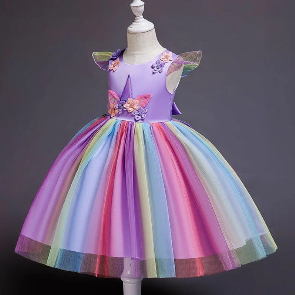 Для девочек в виде единорога из мультфильма, костюм Disfraz Единорог принцессы платье-пачка с цветочным рисунком для малышек детская одежда на свадьбу, Рождество нарядное Платья для вечеринок для детей возрастом от 2 до 10 лет - Цвет: purple