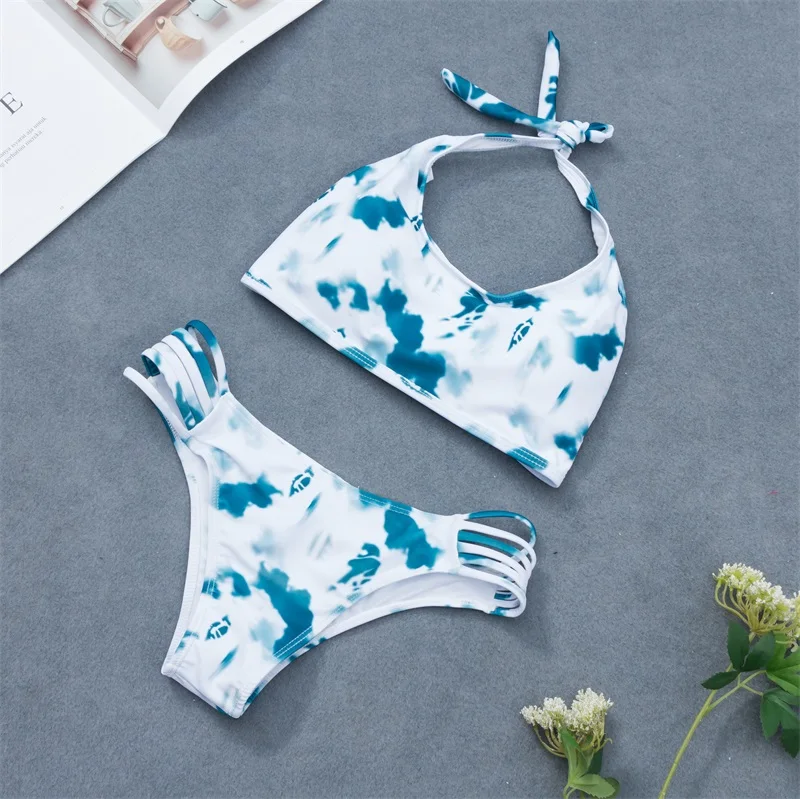 

Tie Dye Bikini 2019 Mujer Swimsuit Bandage String Swimwear Female Biquini Feminino Bathing Suit Push Up Sexy Bikini Set Blue