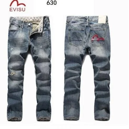 Evisu, новинка, повседневные мужские дышащие штаны высокого качества на молнии, теплые мужские джинсы с дырками, прямые мужские брюки с принтом 630