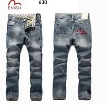 Evisu, новинка, повседневные мужские дышащие штаны высокого качества на молнии, теплые мужские джинсы с дырками, прямые мужские брюки с принтом 630
