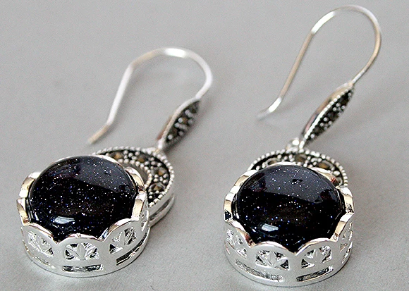 

HOT SELL - charm lady's 925 Sterling Silver blue sand stone Marcasite Earrings 14/5" -Top quality free shipping
