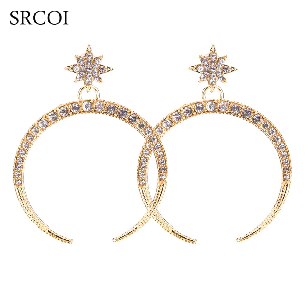 

SRCOI Shiny Long Crystal Star Moon Earrings Pendant Bohemia Big Statement Bijoux Wedding Earrings For Women Geometric Brincos