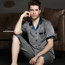 Летние тонкие мужская, с коротким рукавом, пижама, имитация шелка одежда и брюки Крытый Для мужчин, Пижамный костюм