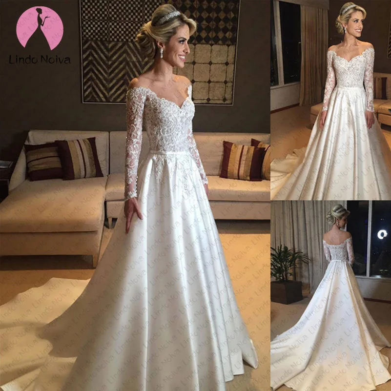Vestidos De Novia Simples Lace A Line Dress Long Sleeves Wedding 2019 Plus Size Wedding Gowns Satin Bride Dresses Robe De Mariee December 2019