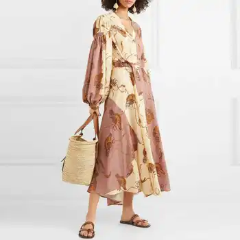 

Spring 2019 Dress Sexy Print Celebrity Full Lantern Sleeve Slit Women V Neck Single-Breasted Beach Style Party Dresses Wholesale
