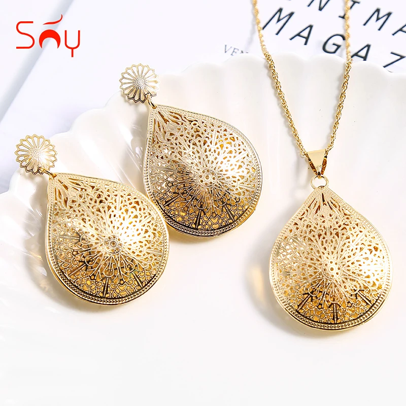

Sunny Jewelry Classic Jewelry Sets Earrings Pendant Necklace For Women Water Drop Flower Pattern Big Jewelry Sets For Wedding