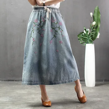 

Summer national style retro embroidery powdered washed women denim skirt female elastic waist large size skirts long girl