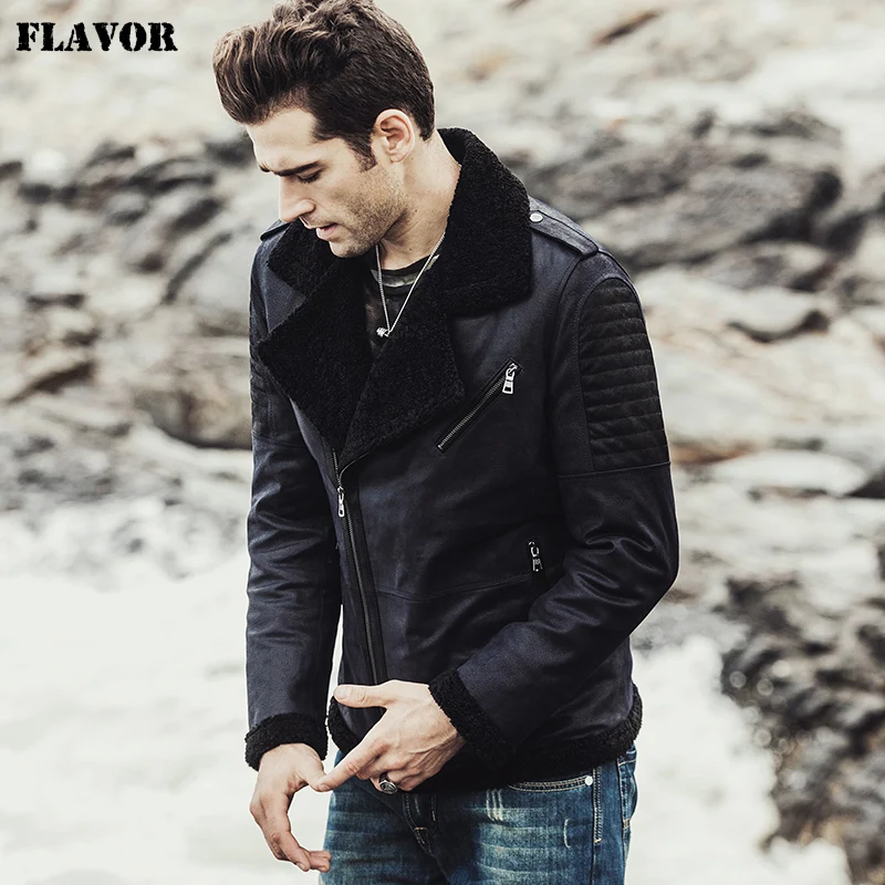 

FLAVOR 2017 New men's Winter pigskin Genuine Leather Jacket with faux fur shearling jacket male Real Leather Jacket