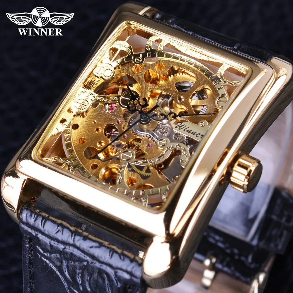 Acheter Gagnant 2017 Rétro Casual Série Rectangle Cadran Conception D or Motif Creux Squelette Montre Hommes Montre Top Marque De Luxe Mécanique